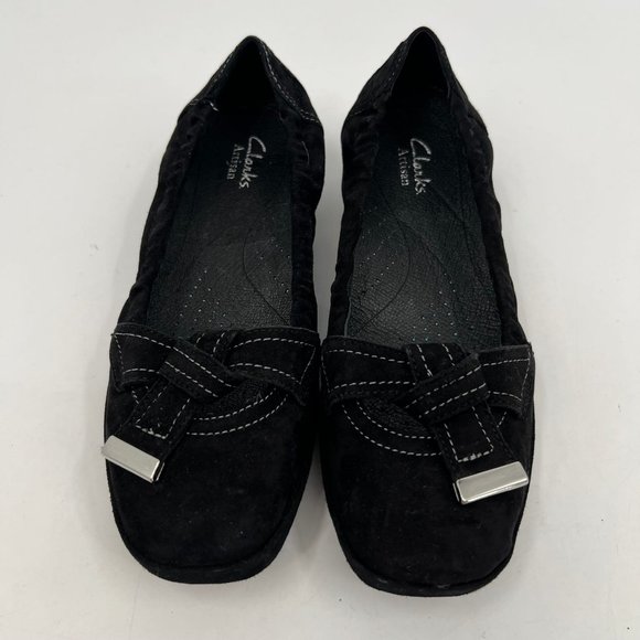 Clarks Black Suede Bow Accent Flats | Versatile Any Season - Picture 3 of 9